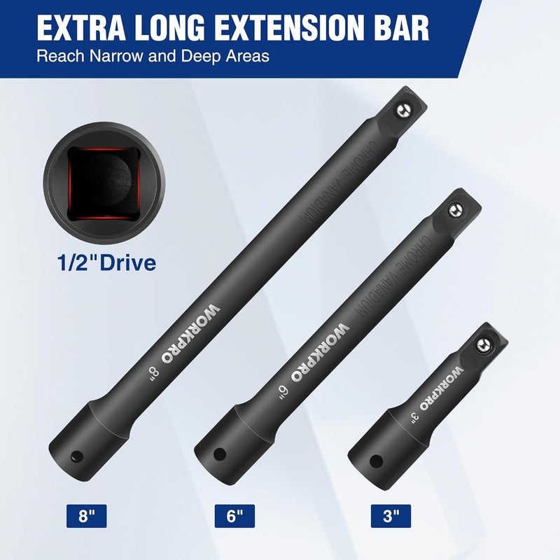 WORKPRO 1/2" Drive Impact Extension Bar Set, 3 PCS Socket Extensions, 3”, 6” and 8” Length, Premium Chrome Vanadium Steel with Black Phosphate Finish - Image 2